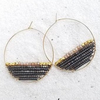 DINA 14K Gold Filled Mystic Peach Moonstone & Delica® Seed Beads Hoop Earrings (35mm)