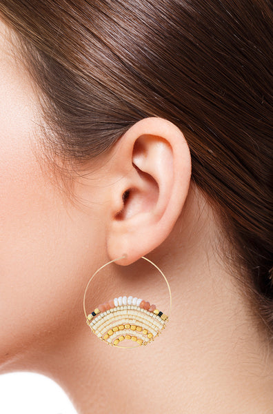 PIPA 14K Gold Filled Peal & Peach Moonstone Delica® Seed Beads Hoop Earrings