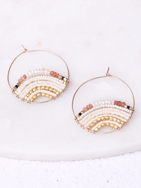 PIPA 14K Gold Filled Peal & Peach Moonstone Delica® Seed Beads Hoop Earrings