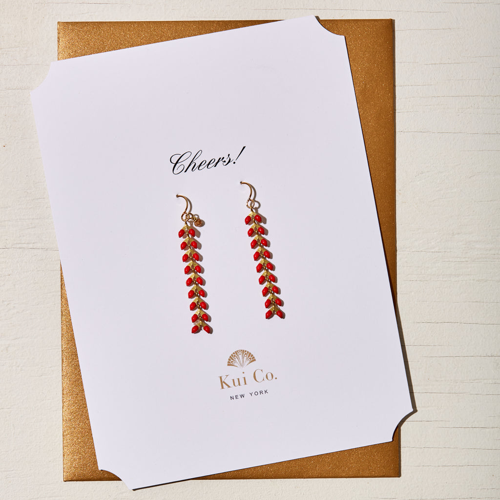 GOLDEN LABRADORITE RED CHEVRON DROP EARRINGS GREETING CARD